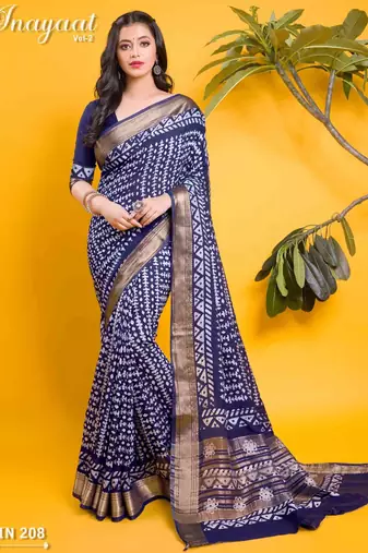 Navy blue tribal geometric block print saree
