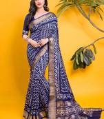 Navy blue tribal geometric block print saree