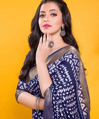 Navy blue tribal geometric block print saree 2