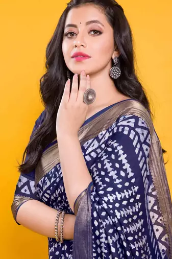 Navy blue tribal geometric block print saree