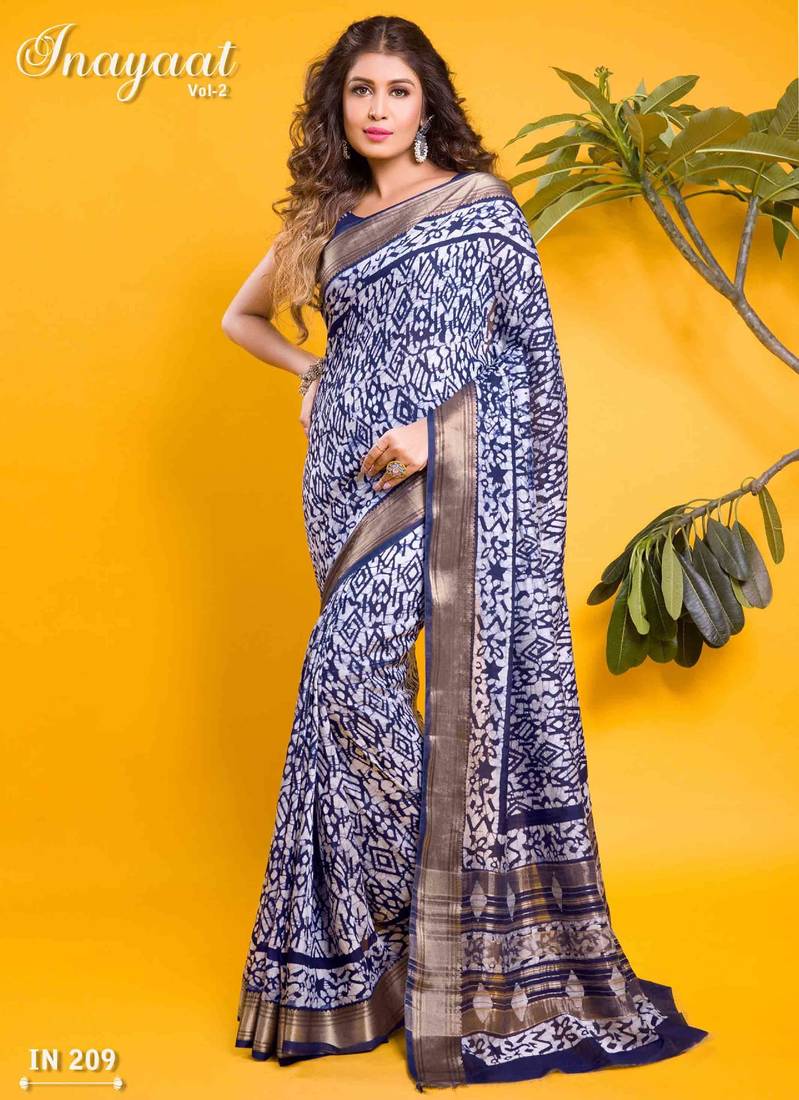 Navy blue abstract ikkat print saree