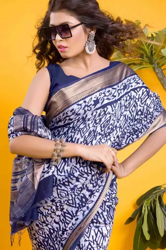 Navy blue abstract ikkat print saree