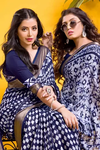 Navy blue geometric diamond motif saree