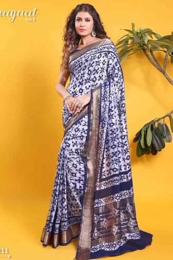 Navy blue & white star-burst floral batik saree