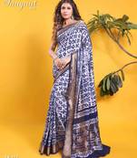 Navy blue & white star-burst floral batik saree