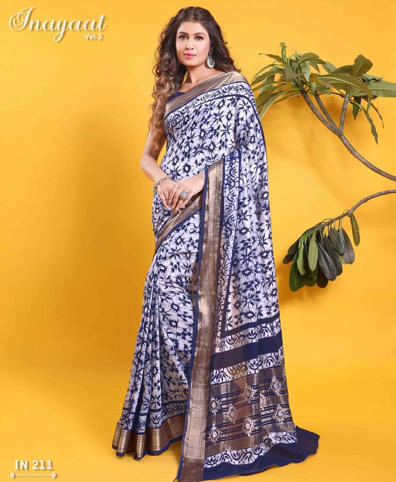 Navy blue & white star-burst floral batik saree