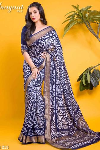 Navy blue block print saree