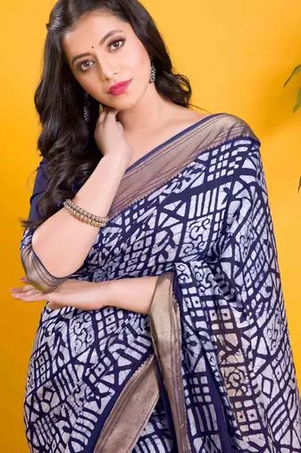 Navy blue block print saree