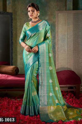 Radiant teal & lime green banarasi saree