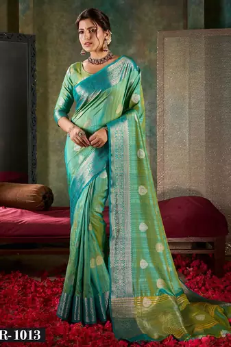 Radiant teal & lime green banarasi saree
