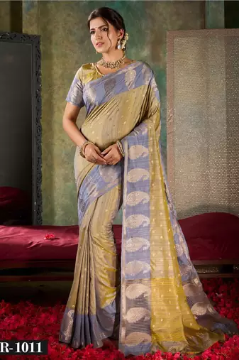 Elegant olive & slate blue banarasi silk saree