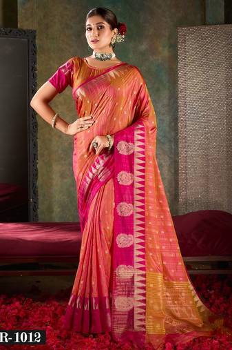Vibrant pink & peach dual-tone banarasi saree