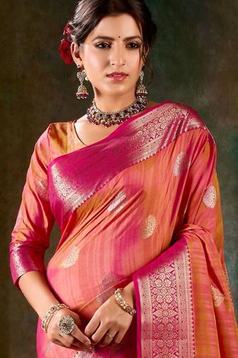 Vibrant pink and orange banarasi silk saree with traditional floral zari