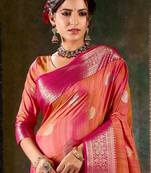  pink and orange banarasi silk saree with traditional floral zari