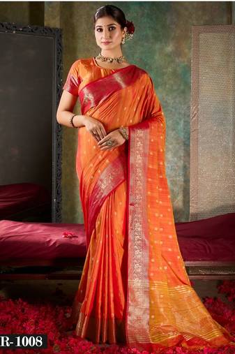 Tangerine orange and crimson red silk saree with gold zari border