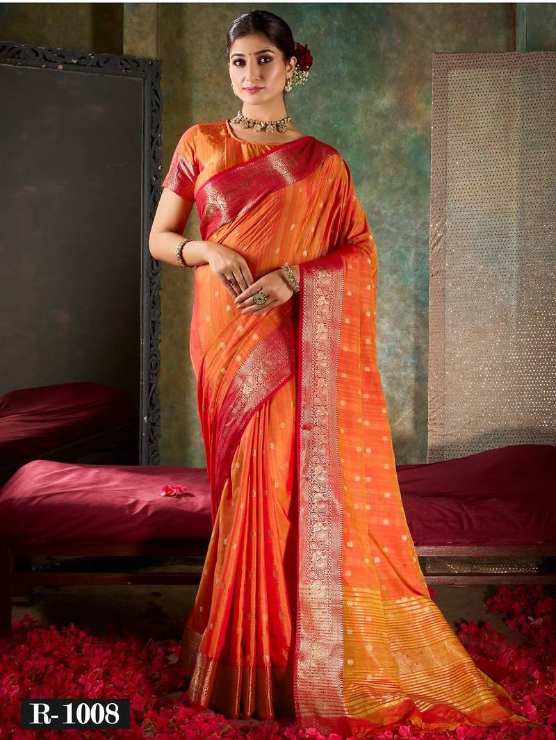 Tangerine orange and crimson red silk saree with gold zari border