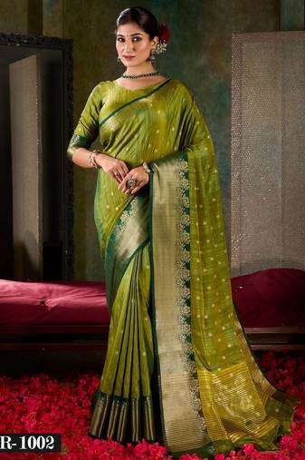 Olive green banarasi silk saree with emerald zari border