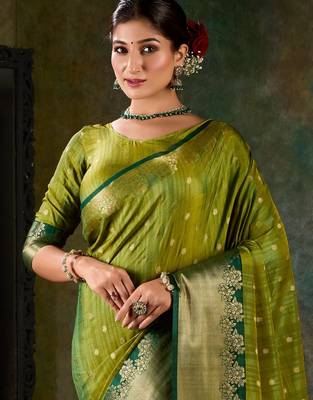 Olive green banarasi silk saree with emerald zari border 2