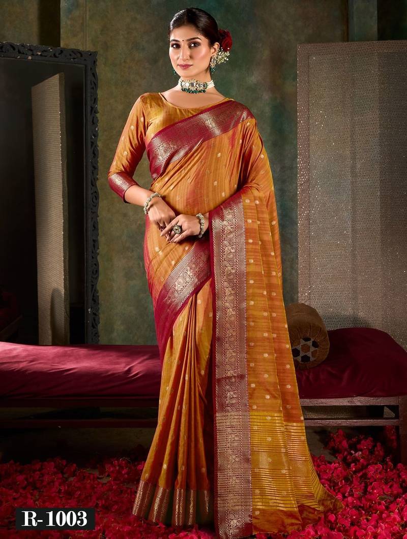 Amber gold banarasi silk saree with crimson zari border