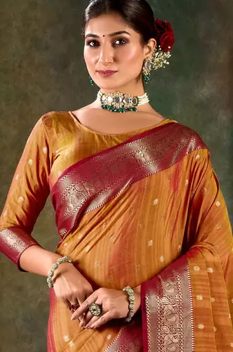 Amber gold banarasi silk saree with crimson zari border