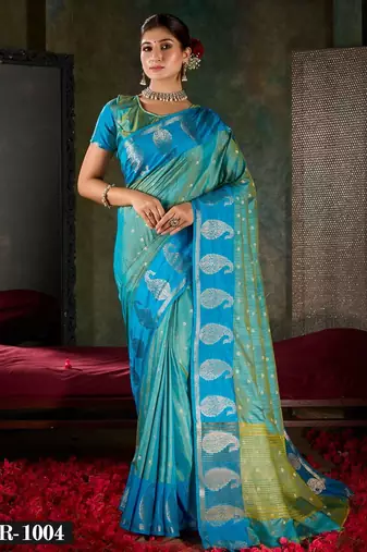 Azure blue banarasi silk saree with paisley zari motifs