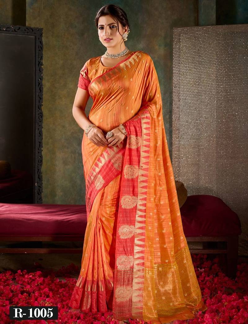 Sunset orange banarasi silk saree with coral red zari border