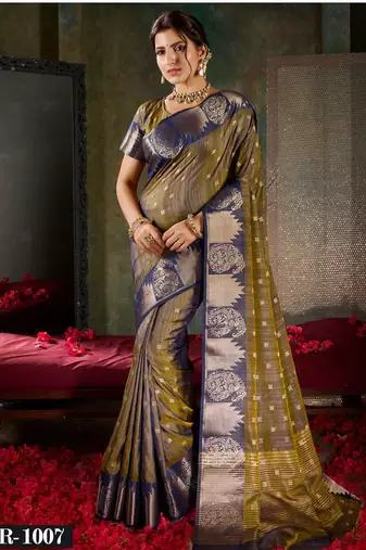 Deep bronze & navy blue banarasi silk saree