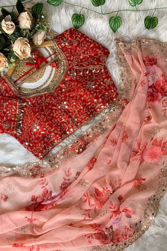 Peach Color embroidery sequence work Georgette Saree