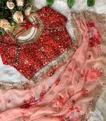 Peach Color embroidery sequence work Georgette Saree