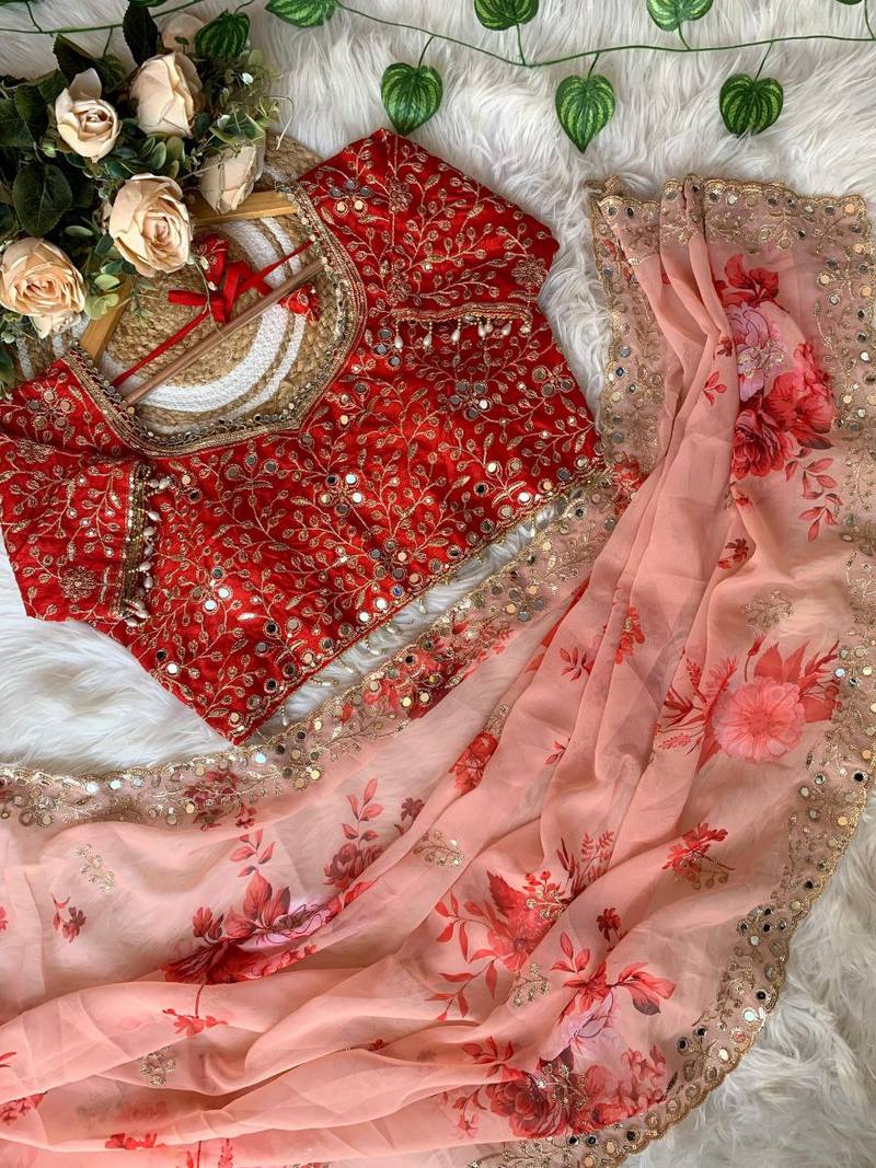 Peach Color embroidery sequence work Georgette Saree