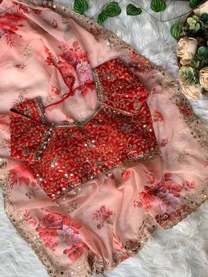 Peach Color embroidery sequence work Georgette Saree 2