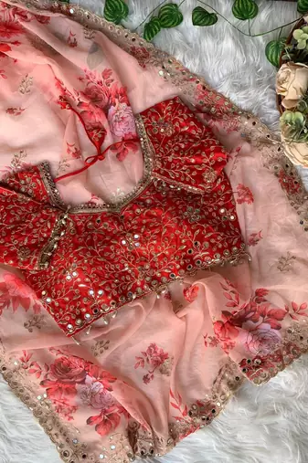 Peach Color embroidery sequence work Georgette Saree