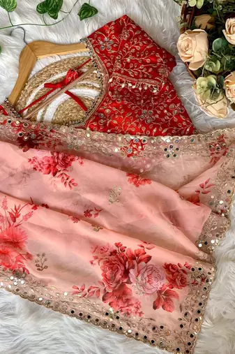 Peach Color embroidery sequence work Georgette Saree