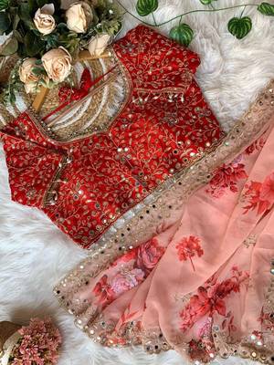 Peach Color embroidery sequence work Georgette Saree 5
