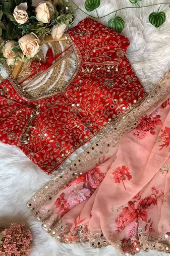 Peach Color embroidery sequence work Georgette Saree