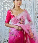 Pink Color Cut Dana Flower Work  Organza Saree