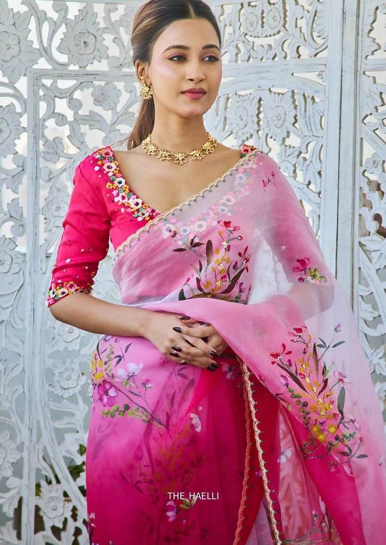 Pink Color Cut Dana Flower Work  Organza Saree