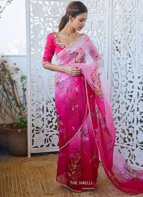Pink Color Cut Dana Flower Work  Organza Saree 2