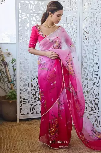 Pink Color Cut Dana Flower Work  Organza Saree