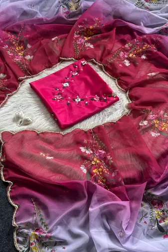 Pink Color Cut Dana Flower Work  Organza Saree