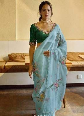 Light blue Color Cut Dana Flower Work  Organza Saree 1