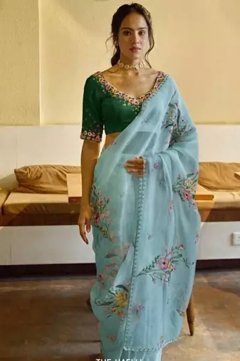 Light blue Color Cut Dana Flower Work  Organza Saree