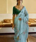 Light blue Color Cut Dana Flower Work  Organza Saree