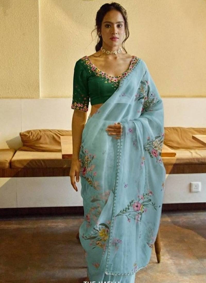 Light blue Color Cut Dana Flower Work  Organza Saree