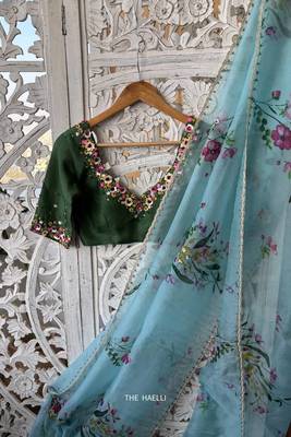 Light blue Color Cut Dana Flower Work  Organza Saree 2