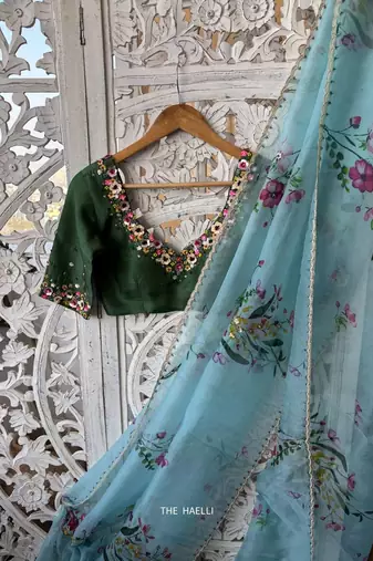 Light blue Color Cut Dana Flower Work  Organza Saree