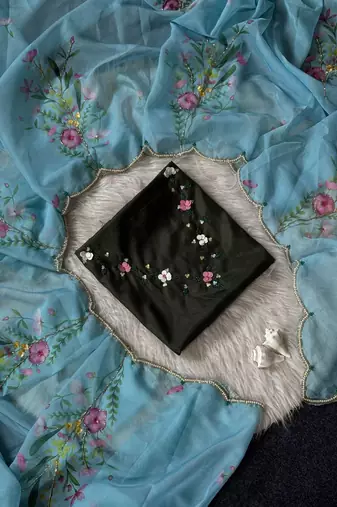 Light blue Color Cut Dana Flower Work  Organza Saree