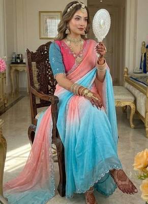 Blue Color hand work khatli cutdana moti work art silk saree 1