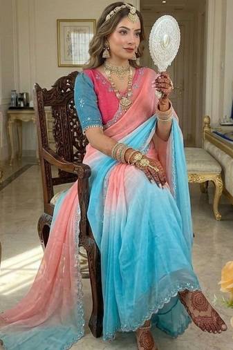 Blue Color hand work khatli cutdana moti work Silk Saree
