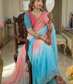 Blue Color hand work khatli cutdana moti work Silk Saree